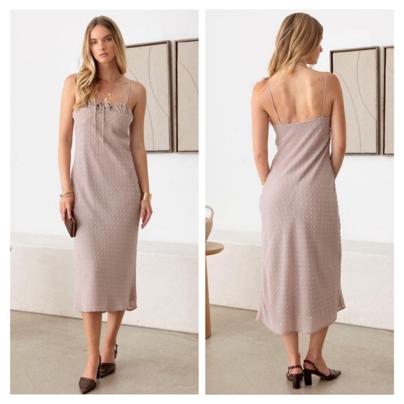 NWT-Swiss Dot Lace Trimmed Spaghetti Strap Bias Midi Dress - Picture 3 of 12